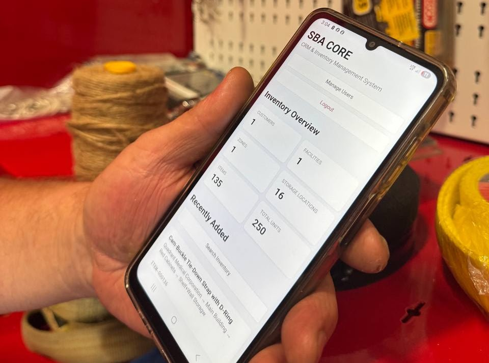 SBA CORE inventory management system shown on a mobile phone